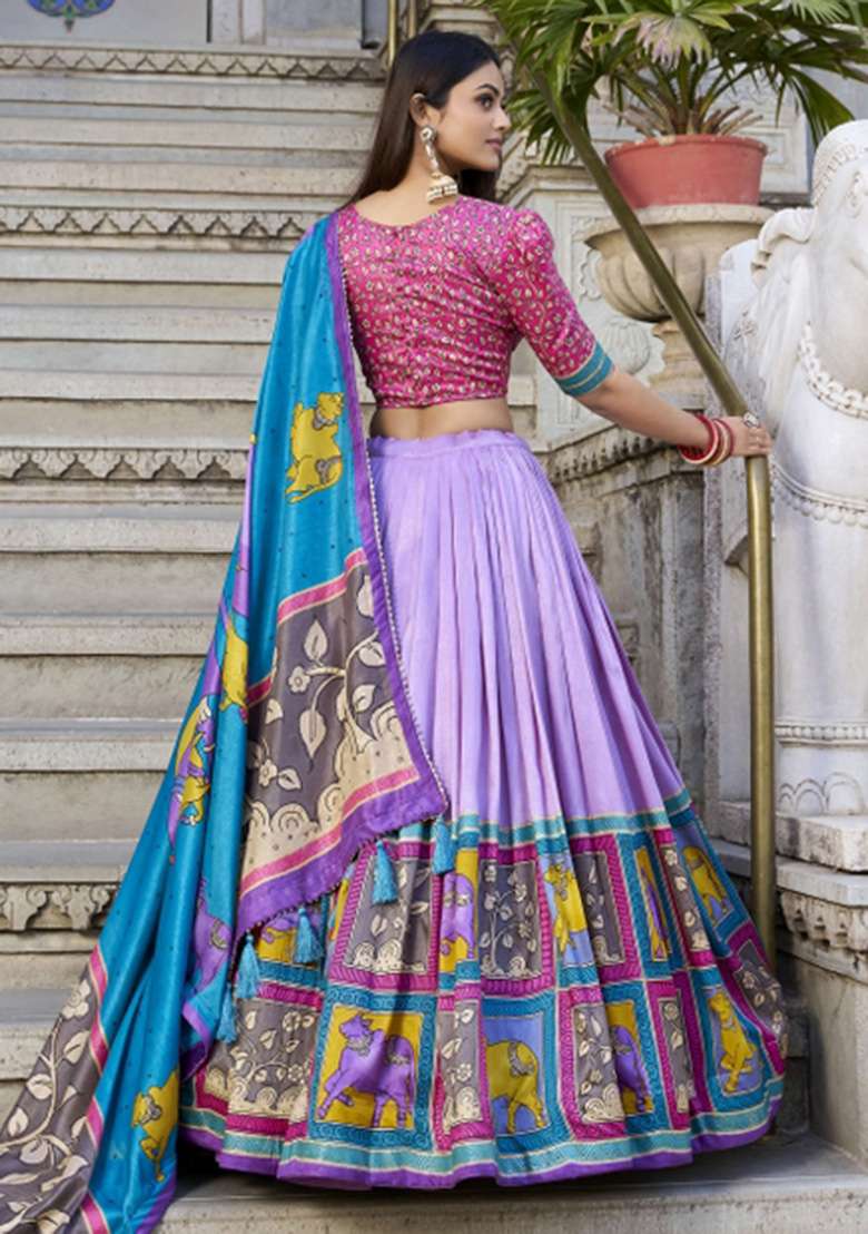 Multicolour Foil Work Silk Blend Lehenga Set for Diwali | Wedding & Festive Wear - Indya