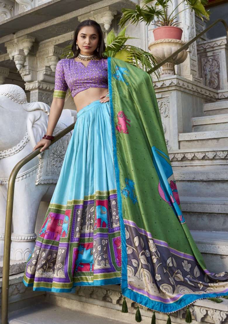 Multicolour Foil Work Silk Blend Lehenga Set for Diwali and Festive Wear - Indya