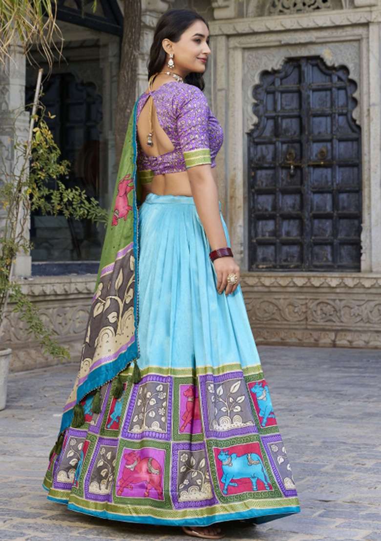 Multicolour Foil Work Silk Blend Lehenga Set for Diwali and Festive Wear - Indya