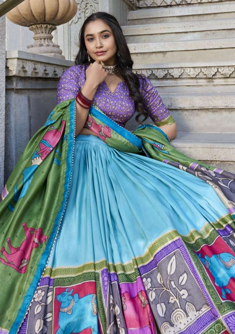 Multicolour Foil Work Silk Blend Lehenga Set for Diwali and Festive Wear - Indya