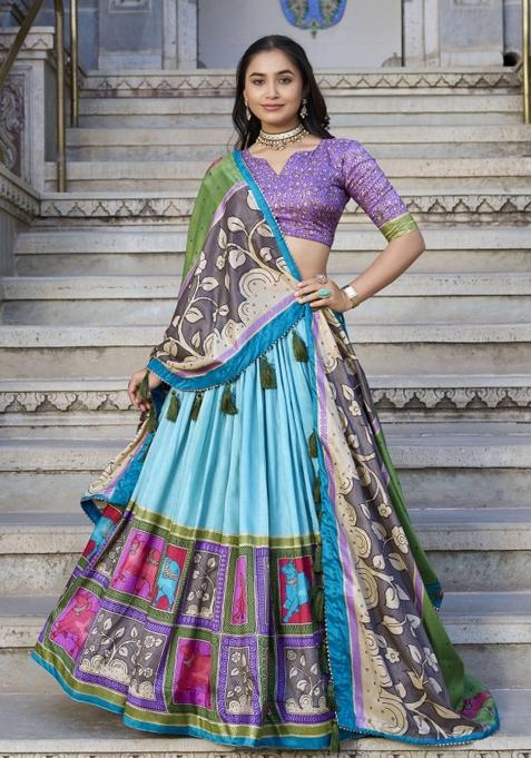 Multicolour Foil Work Silk Lehenga Set