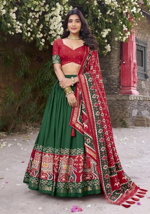 Green Printed Silk Lehenga Set
