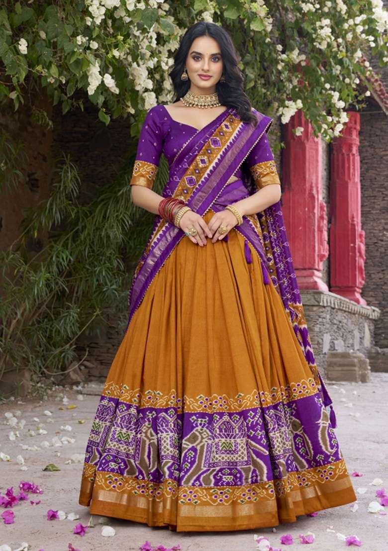 Mustard Yellow Printed Silk Blend Lehenga Set - Indya