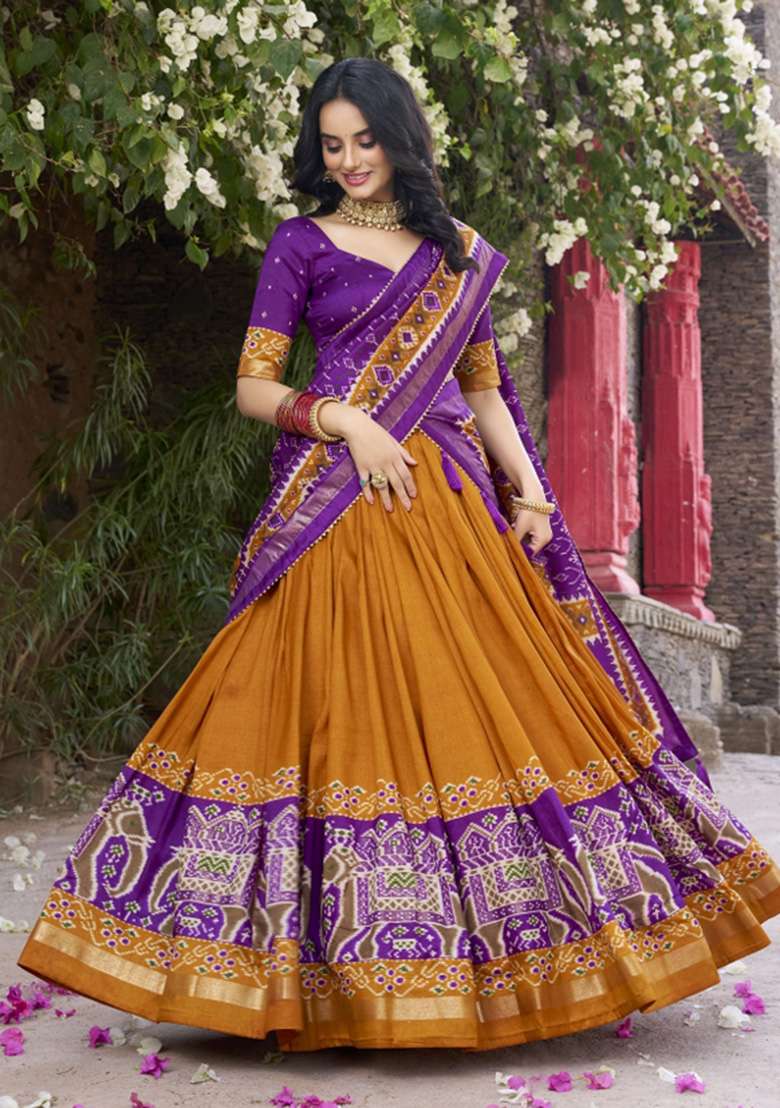 Mustard Yellow Printed Silk Blend Lehenga Set - Indya