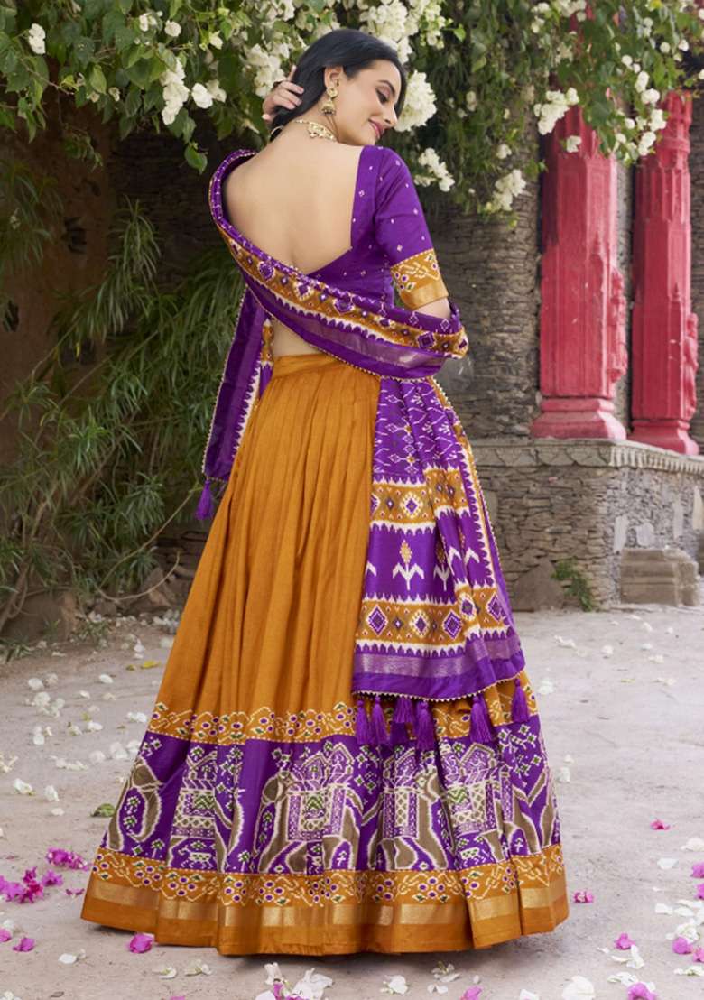 Mustard Yellow Printed Silk Blend Lehenga Set - Indya