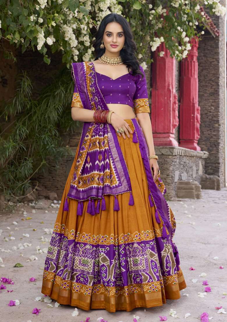 Mustard Yellow Printed Silk Blend Lehenga Set - Indya