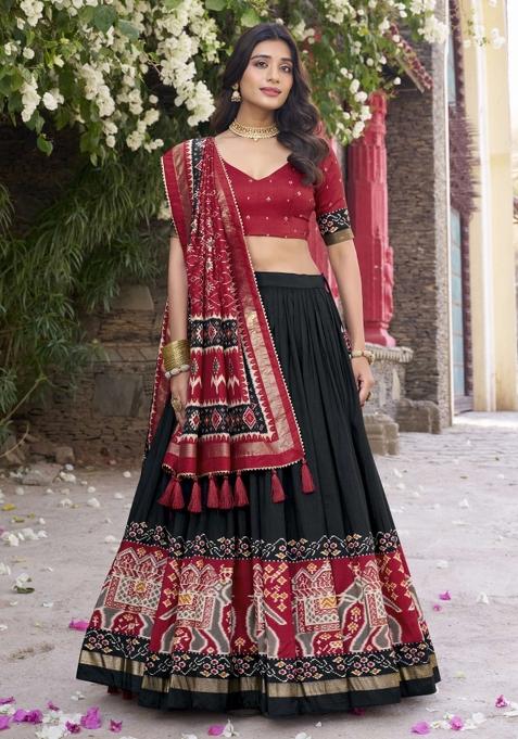 Black Printed Silk Lehenga Set