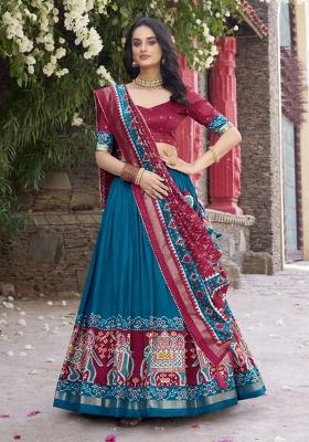 Teal Printed Silk Lehenga Set