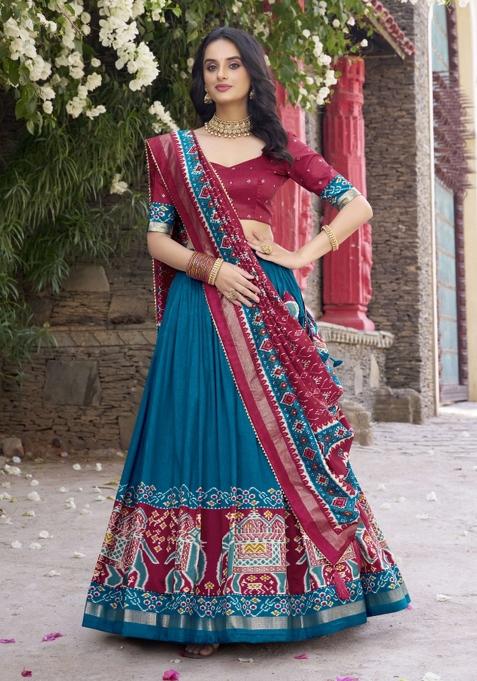 Teal Printed Silk Lehenga Set