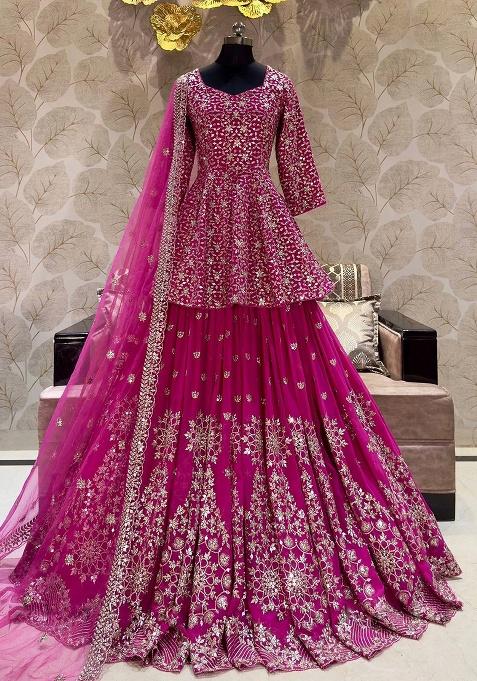 Rani Pink Embroidered Georgette Lehenga Set