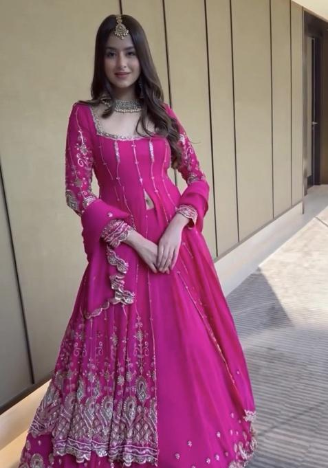 Rani Pink Embroidered Georgette Lehenga Set