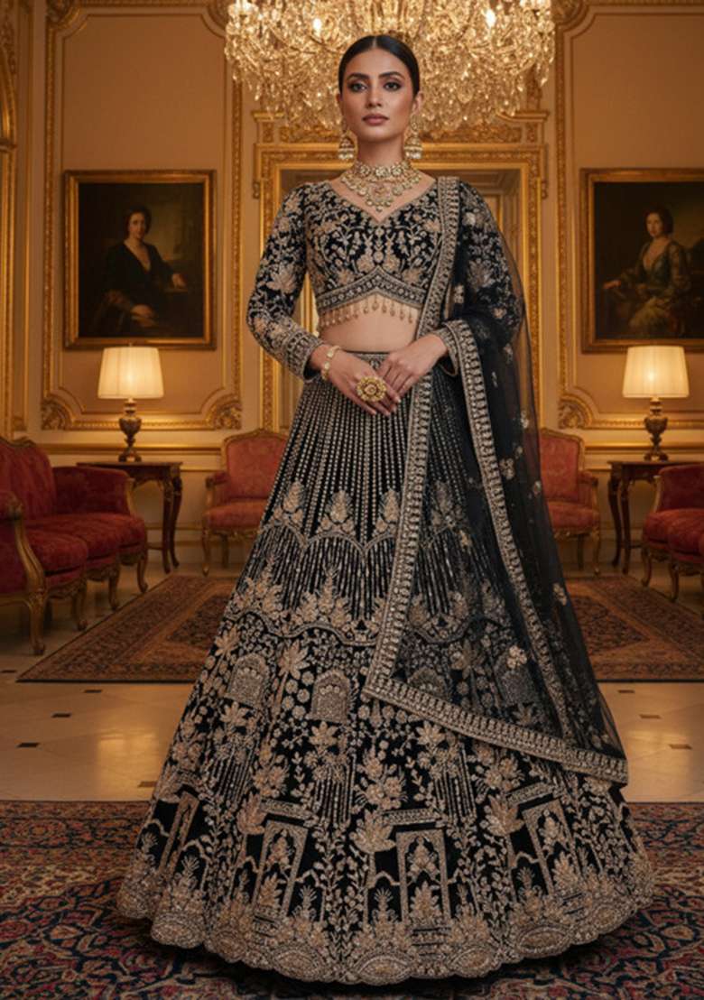 Black Work Net Lehenga Set with Sequins for Diwali | Wedding & Festive Wear - Indya