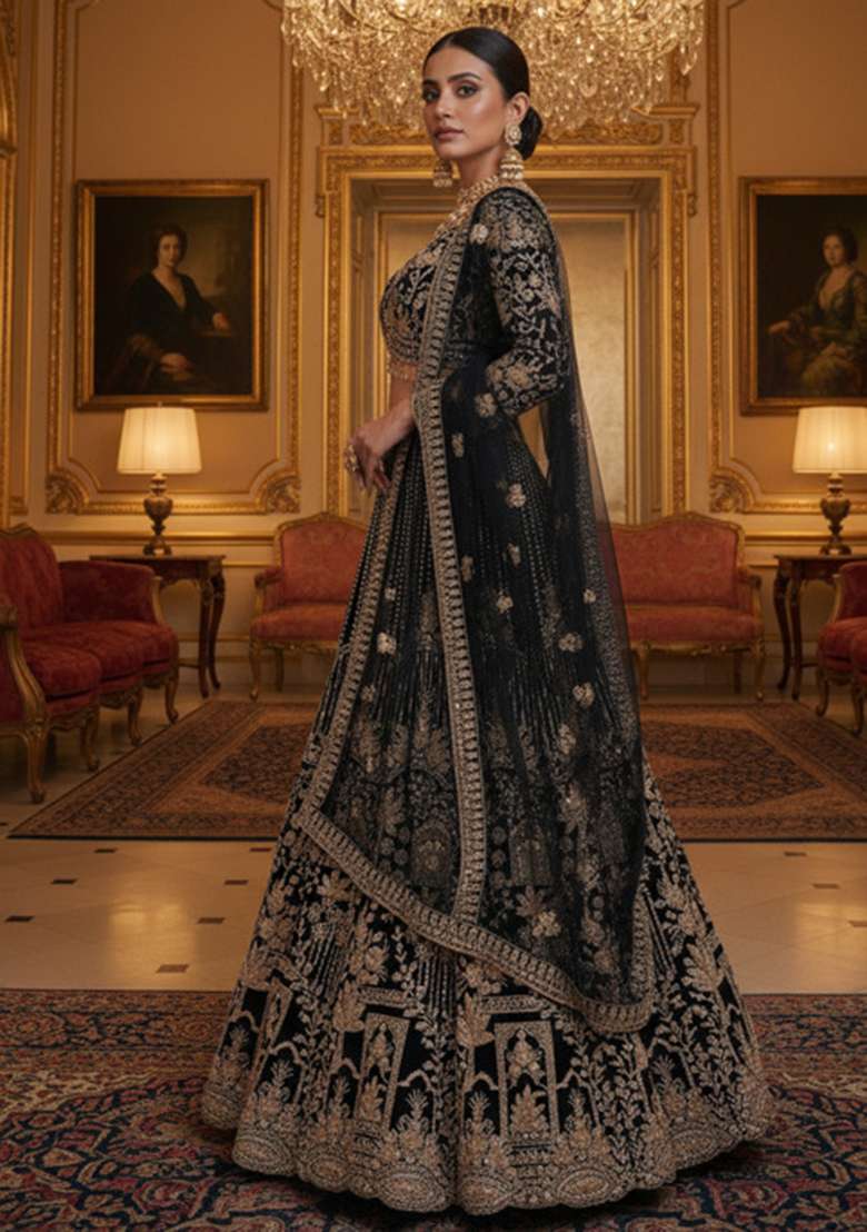 Black Work Net Lehenga Set with Sequins for Diwali | Wedding & Festive Wear - Indya