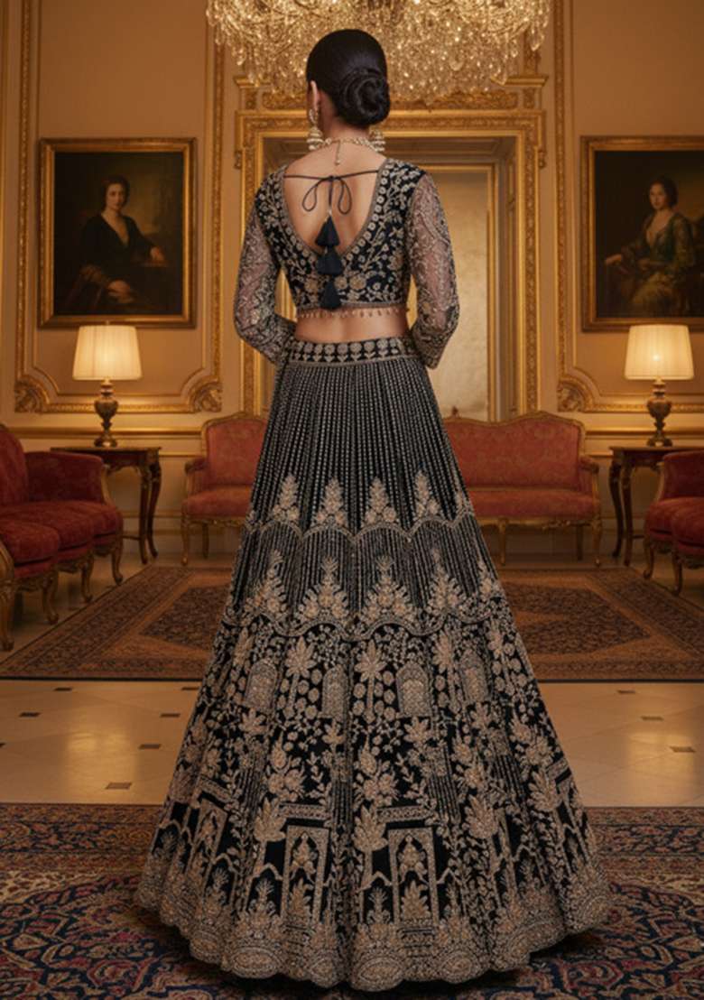 Black Work Net Lehenga Set with Sequins for Diwali | Wedding & Festive Wear - Indya