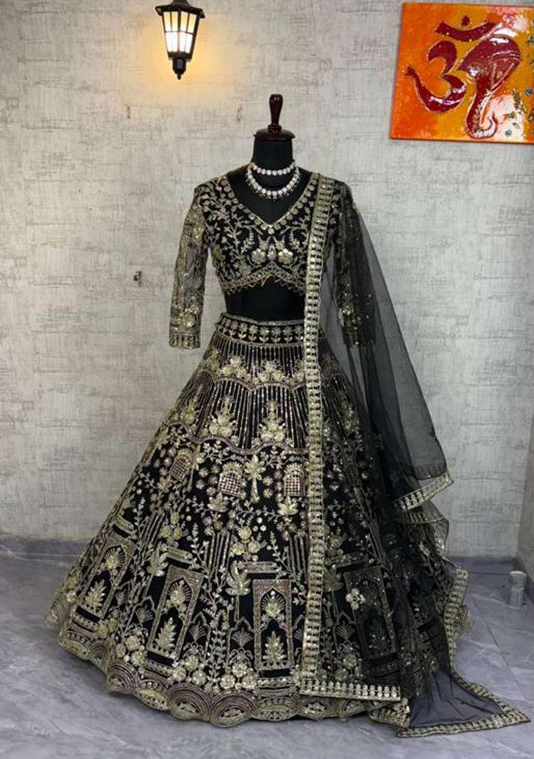 Black Work Net Lehenga Set with Sequins for Diwali | Wedding & Festive Wear - Indya