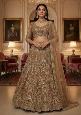 Gold Work Net Lehenga Set with Sequins for Diwali | Wedding & Festive Wear