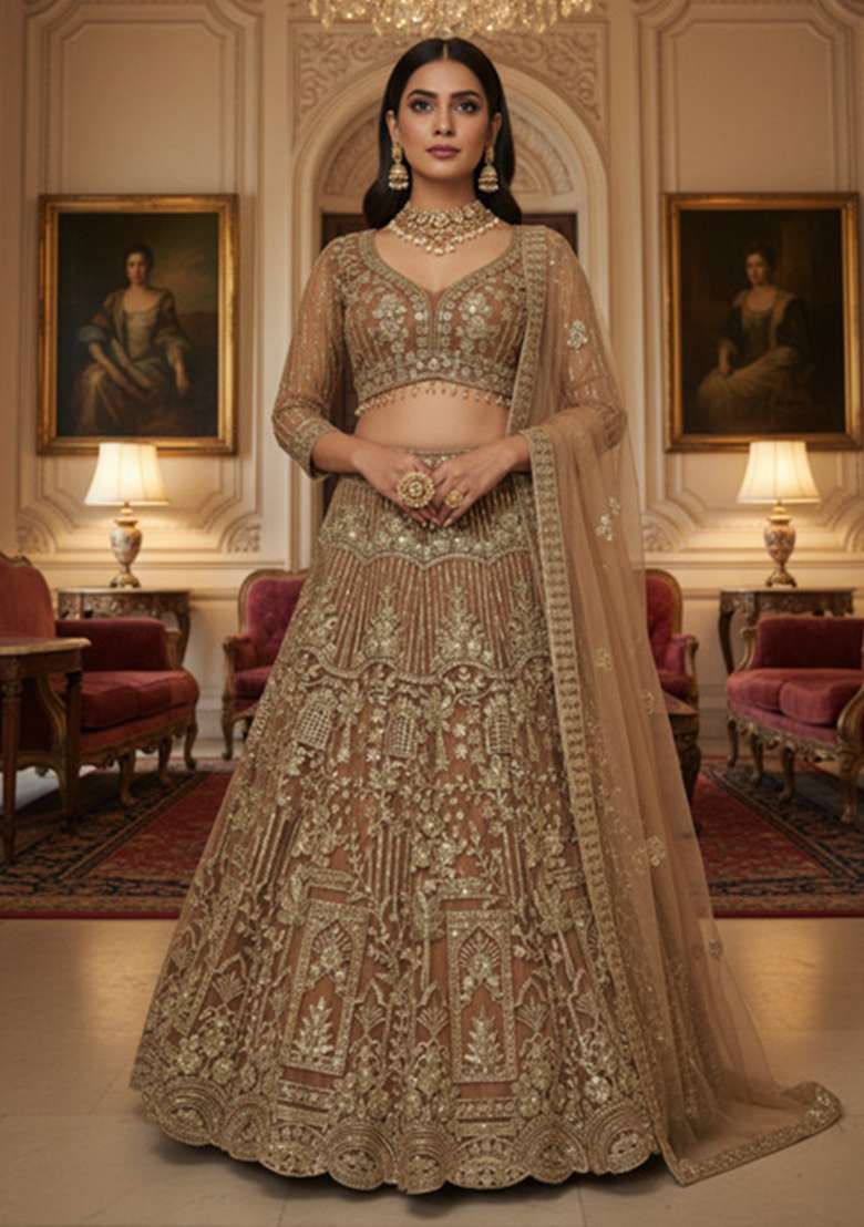 Gold Work Net Lehenga Set with Sequins for Diwali | Wedding & Festive Wear - Indya