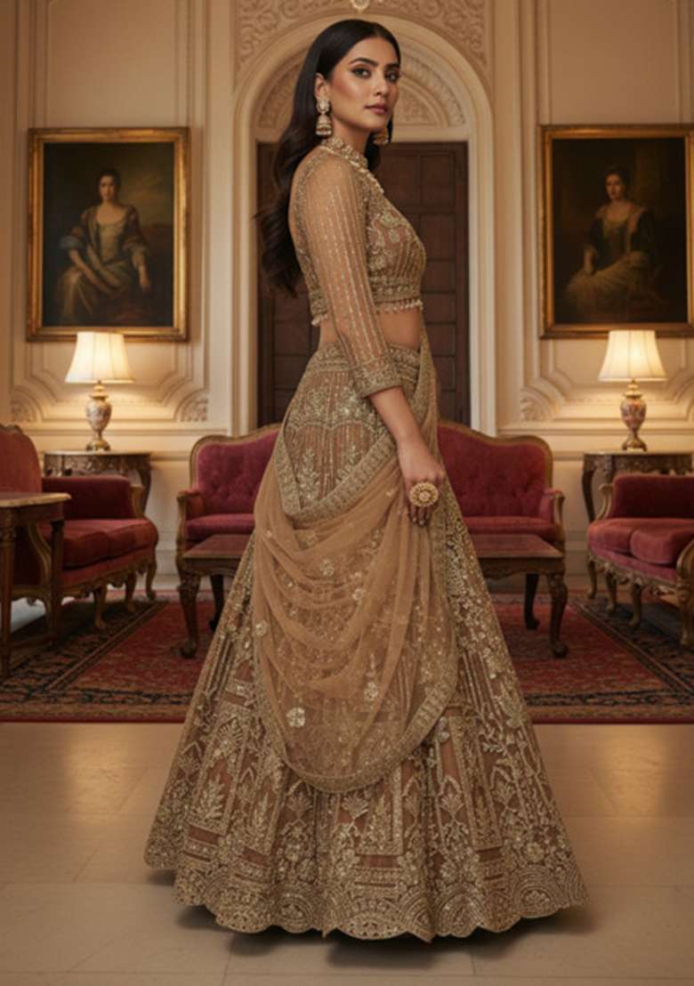 Gold Work Net Lehenga Set with Sequins for Diwali | Wedding & Festive Wear - Indya