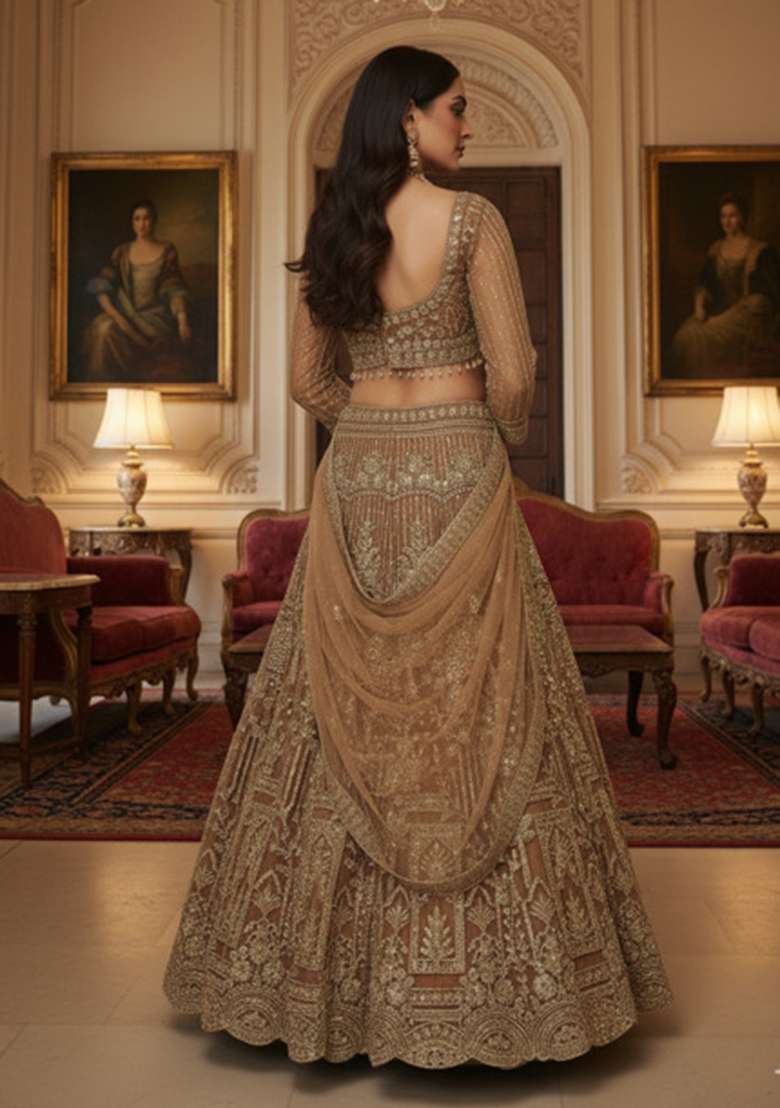 Gold Work Net Lehenga Set with Sequins for Diwali | Wedding & Festive Wear - Indya