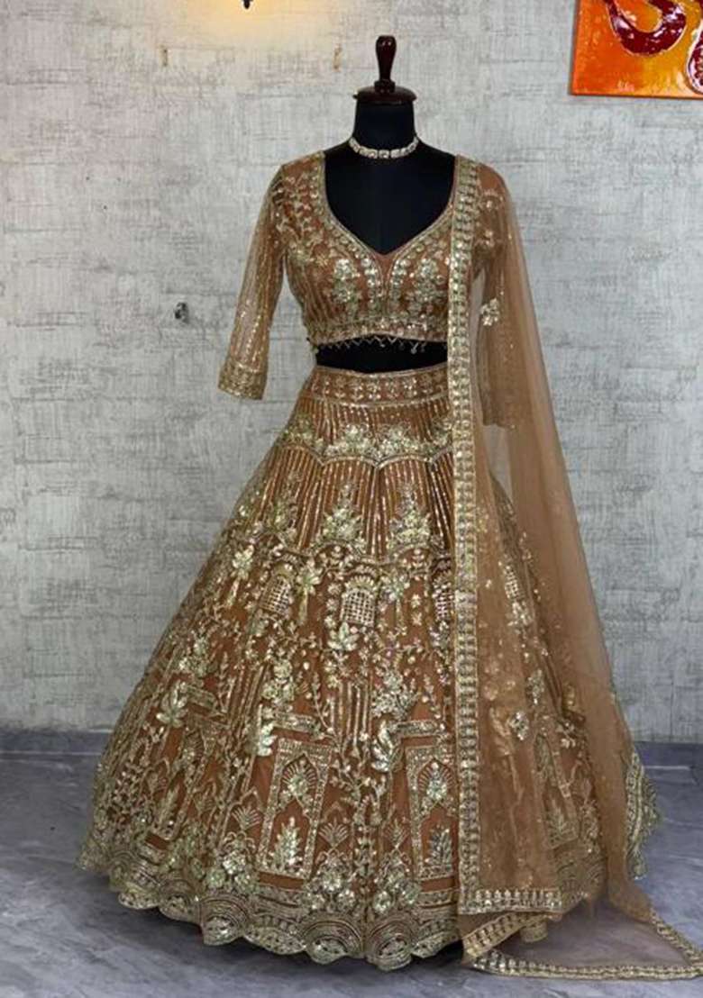 Gold Work Net Lehenga Set with Sequins for Diwali | Wedding & Festive Wear - Indya