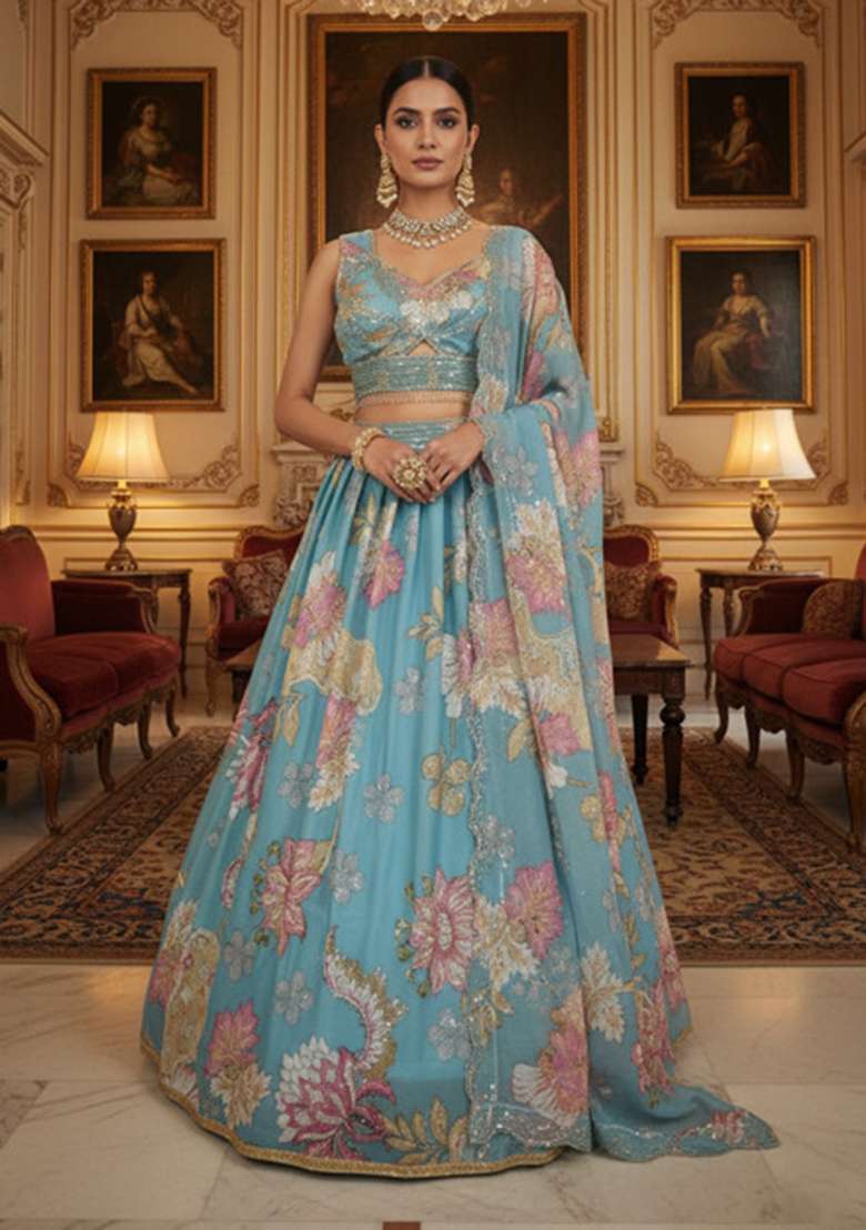 Gold Georgette Lehenga Set with Printed for Diwali | Wedding & Festive Wear - Indya