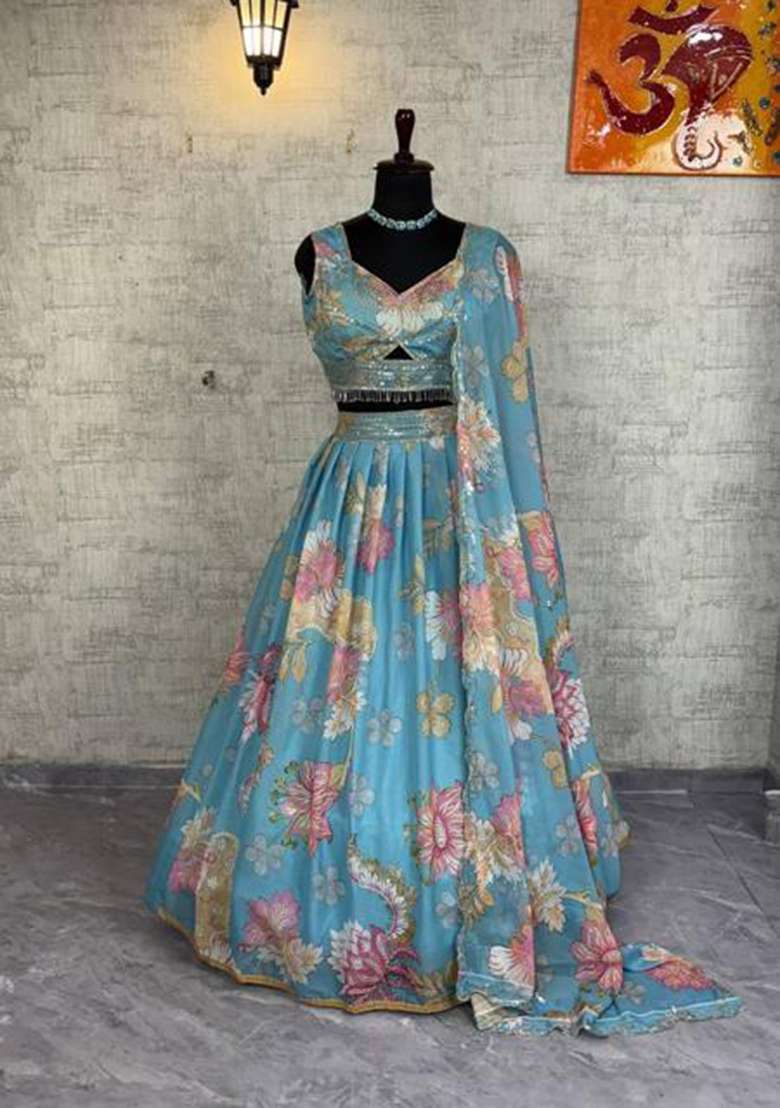 Gold Georgette Lehenga Set with Printed for Diwali | Wedding & Festive Wear - Indya