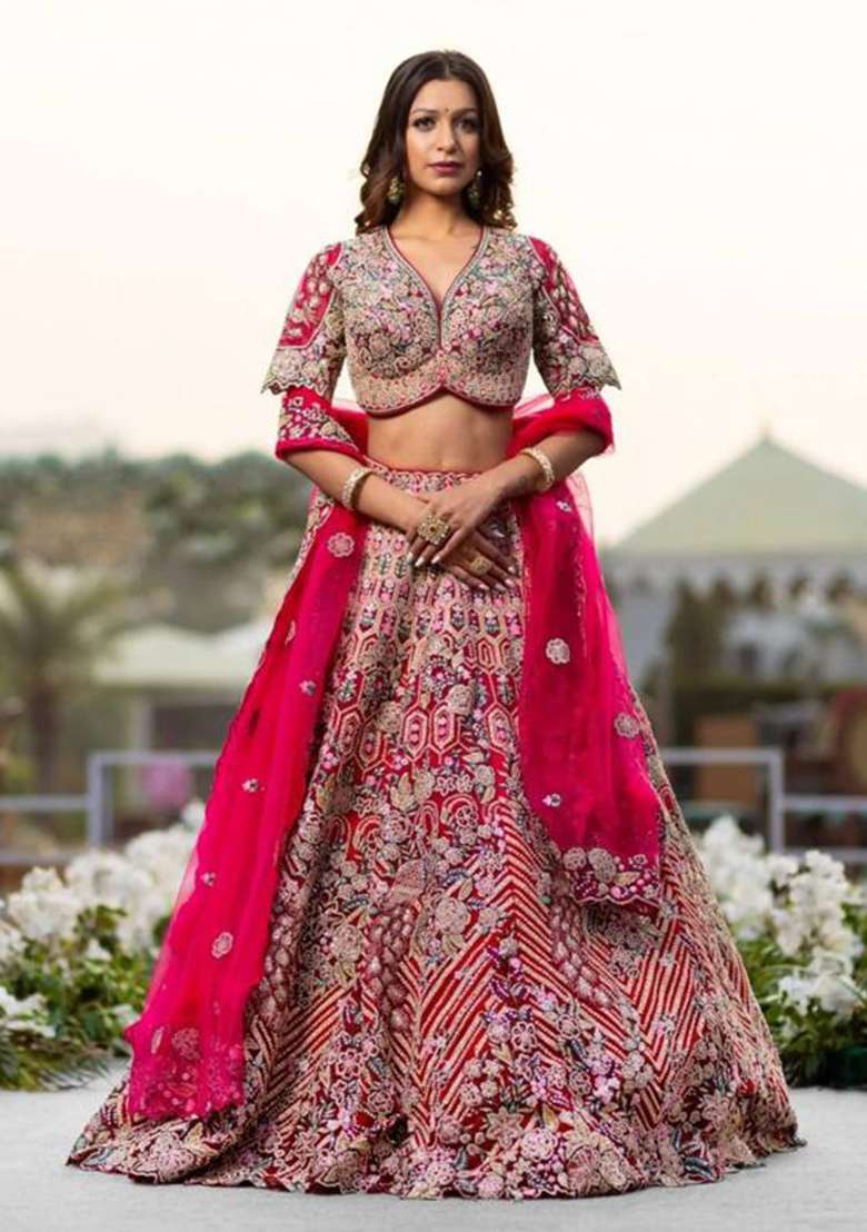 Pink Embellished Silk Blend Lehenga Set for Diwali | Wedding & Festive Wear - Indya