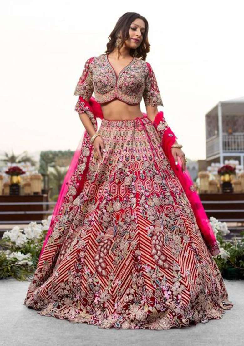 Pink Embellished Silk Blend Lehenga Set for Diwali | Wedding & Festive Wear - Indya