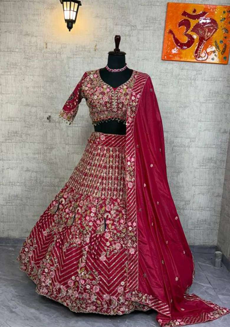 Pink Embellished Silk Blend Lehenga Set for Diwali | Wedding & Festive Wear - Indya