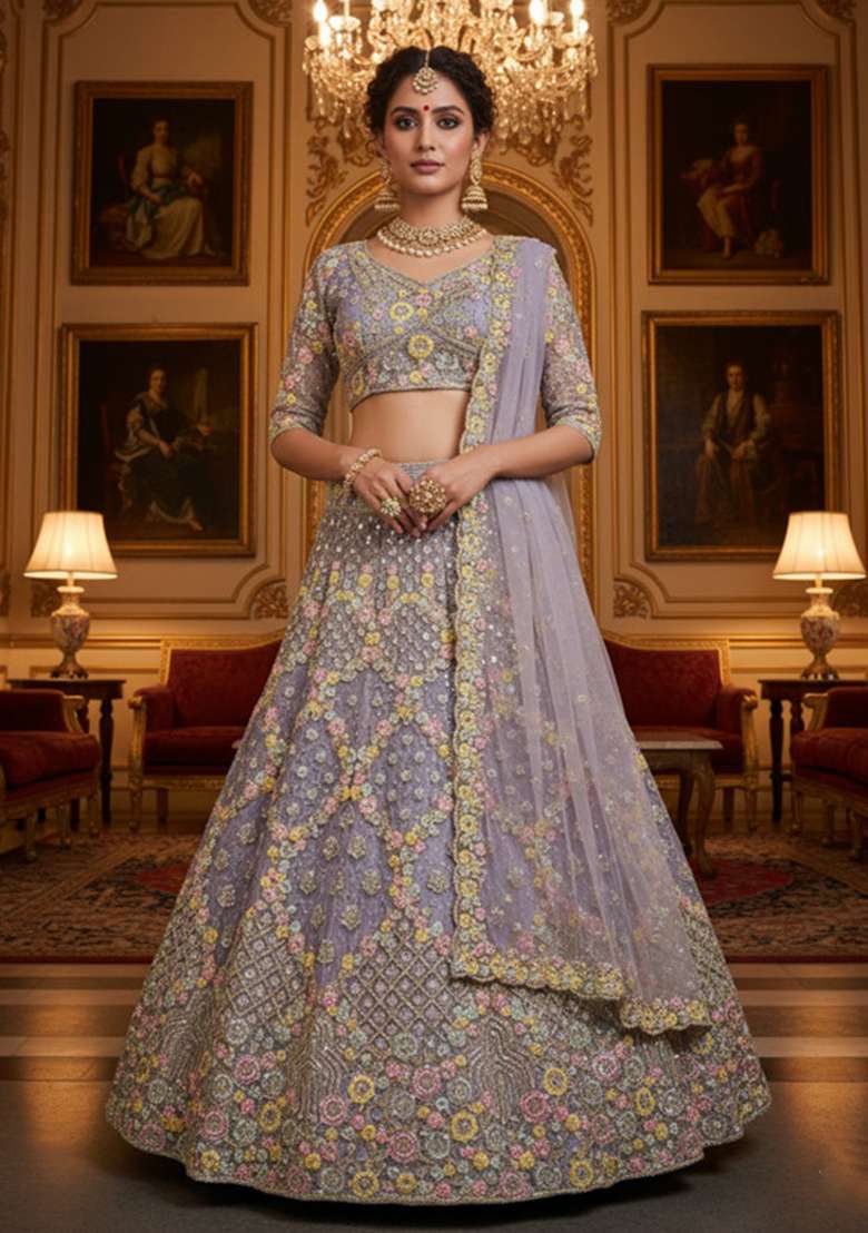Lavender Net Lehenga Set with Embroidered for Diwali | Wedding & Festive Wear - Indya