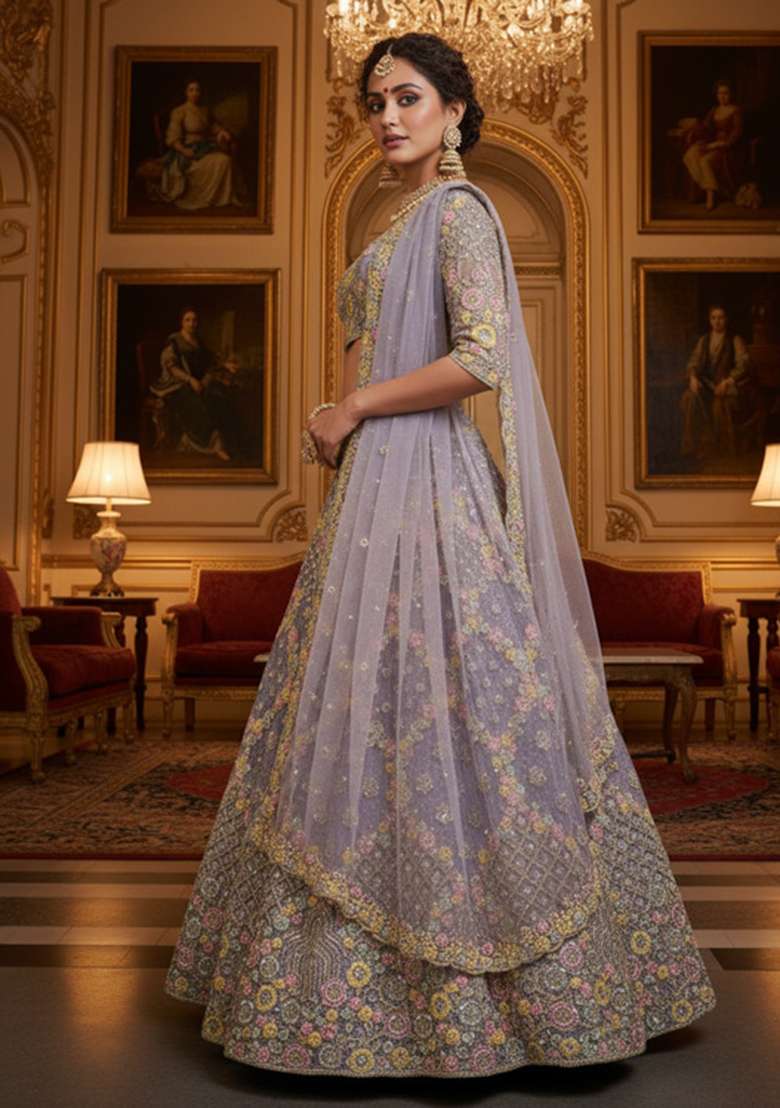Lavender Net Lehenga Set with Embroidered for Diwali | Wedding & Festive Wear - Indya