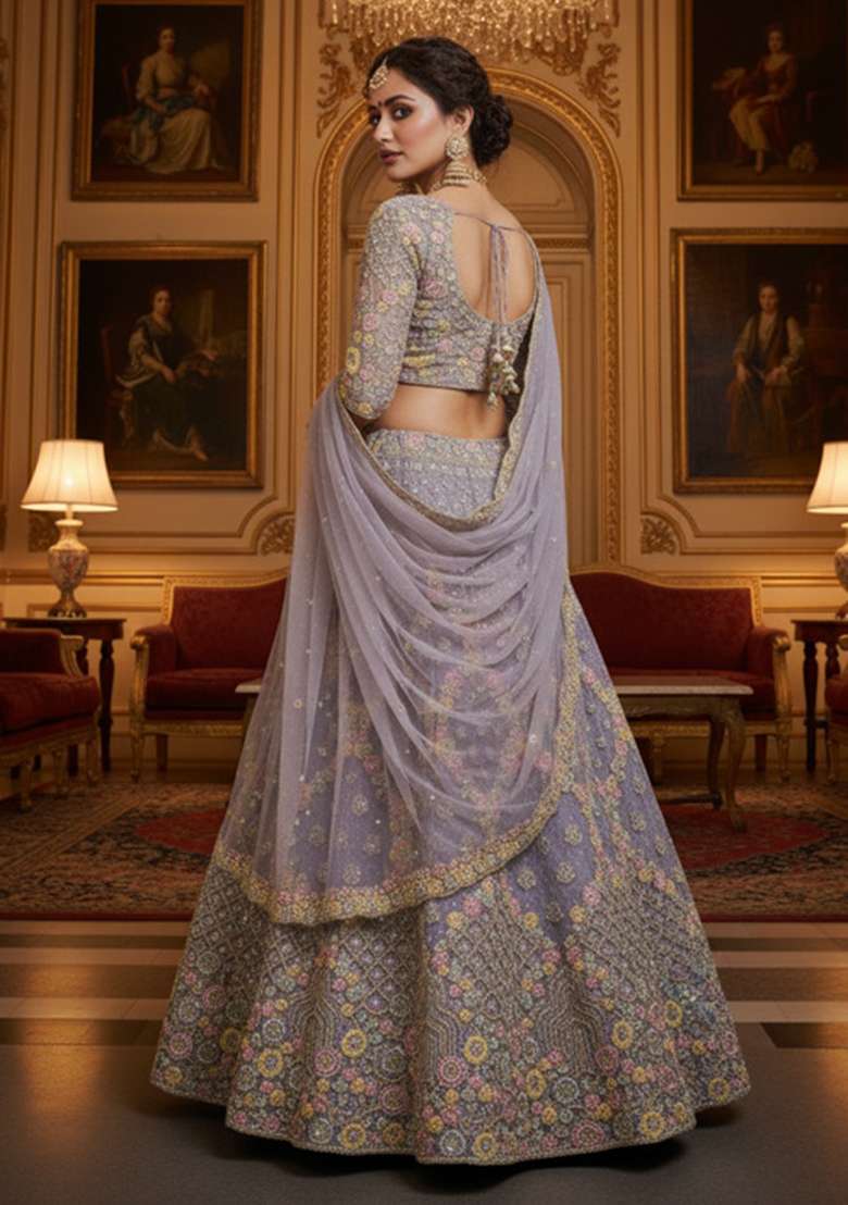 Lavender Net Lehenga Set with Embroidered for Diwali | Wedding & Festive Wear - Indya