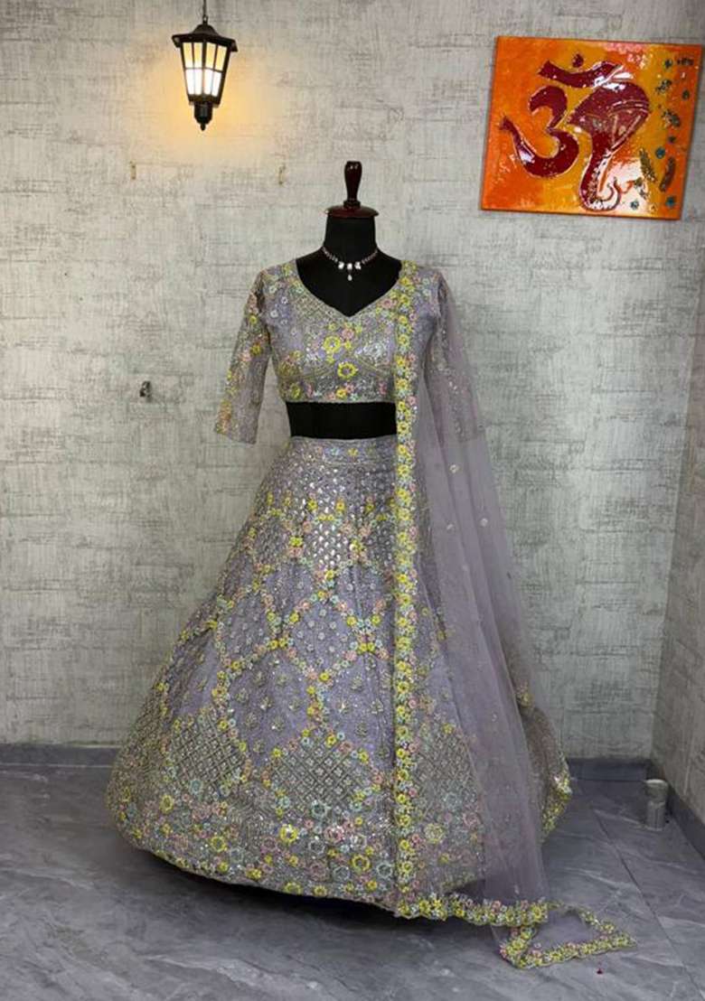 Lavender Net Lehenga Set with Embroidered for Diwali | Wedding & Festive Wear - Indya
