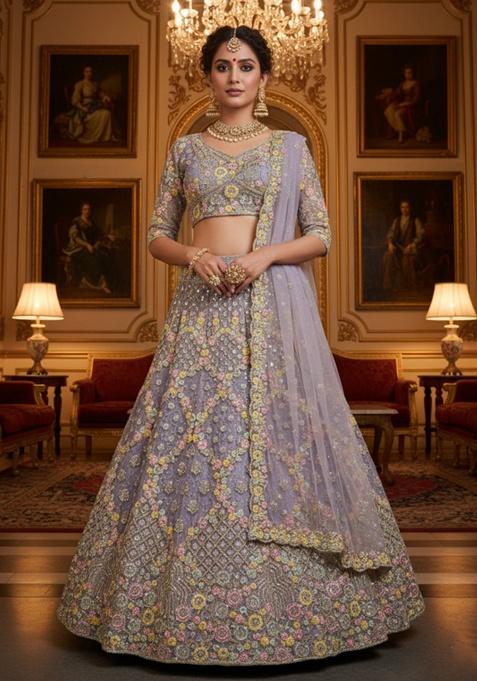 Lavender Embroidered Net Lehenga Set