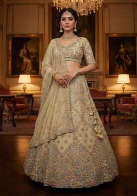 Champagne Beige Embroidered Net Lehenga Set