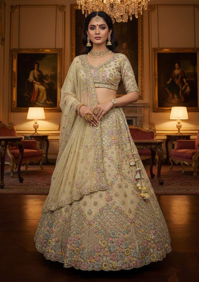 Champagne Beige Net Lehenga Set with Embroidered for Diwali | Wedding & Festive Wear - Indya