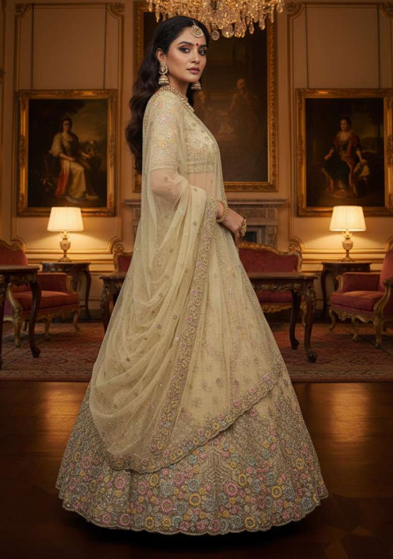 Champagne Beige Net Lehenga Set with Embroidered for Diwali | Wedding & Festive Wear - Indya
