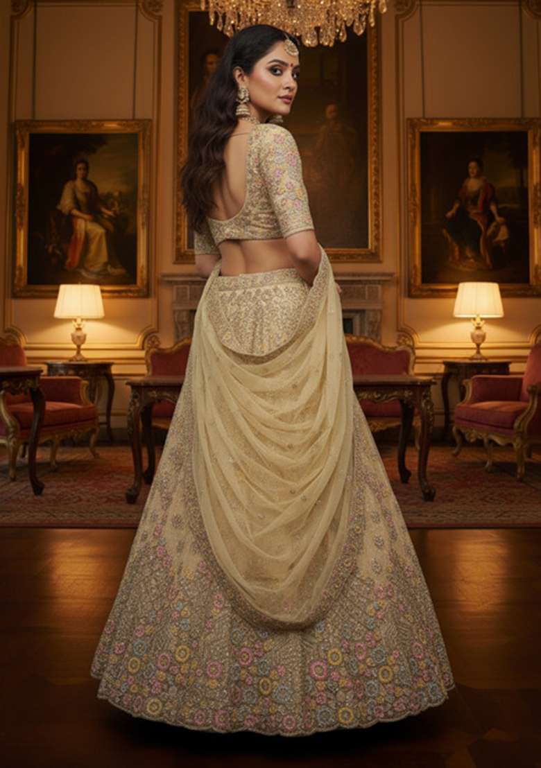 Champagne Beige Net Lehenga Set with Embroidered for Diwali | Wedding & Festive Wear - Indya