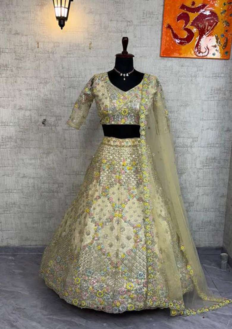 Champagne Beige Net Lehenga Set with Embroidered for Diwali | Wedding & Festive Wear - Indya