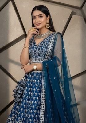 Blue Embroidered Georgette Lehenga Set
