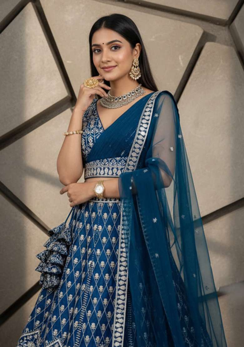Blue Embroidered Georgette Lehenga Set for Diwali and Festive Wear - Indya