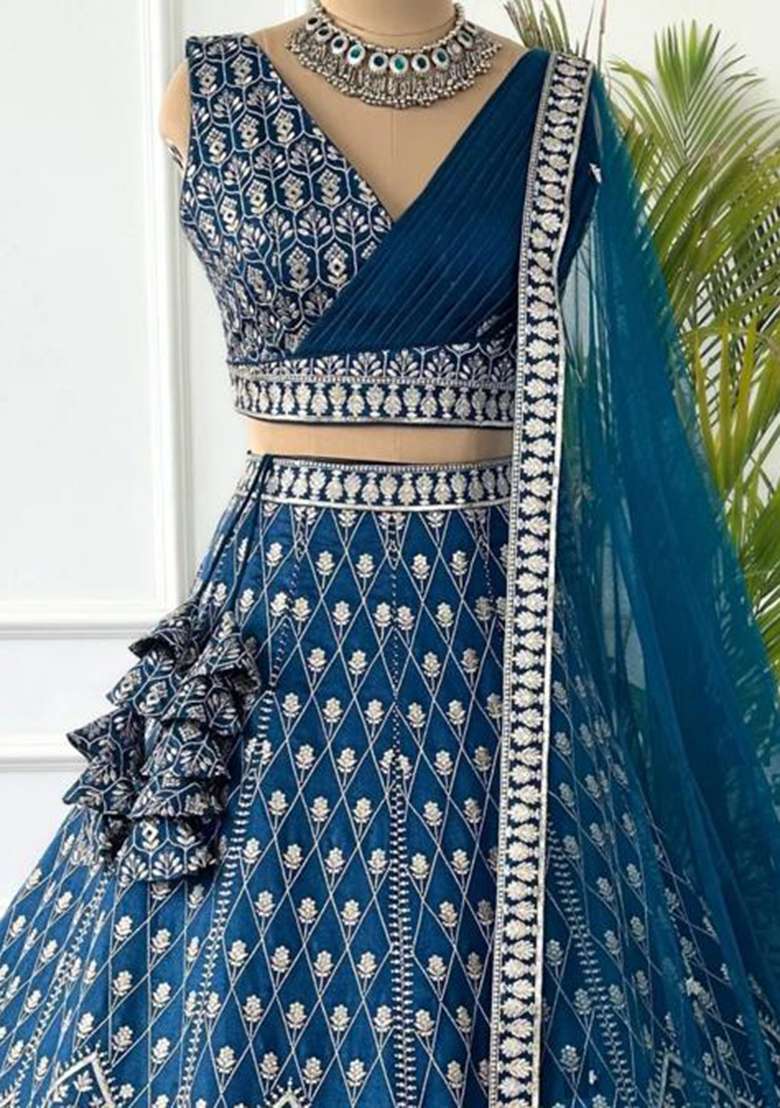 Blue Embroidered Georgette Lehenga Set for Diwali and Festive Wear - Indya