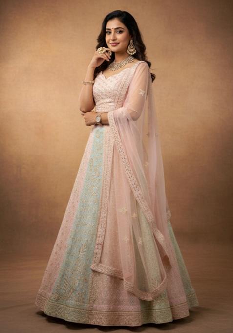 Multicolour Embroidered Georgette Lehenga Set