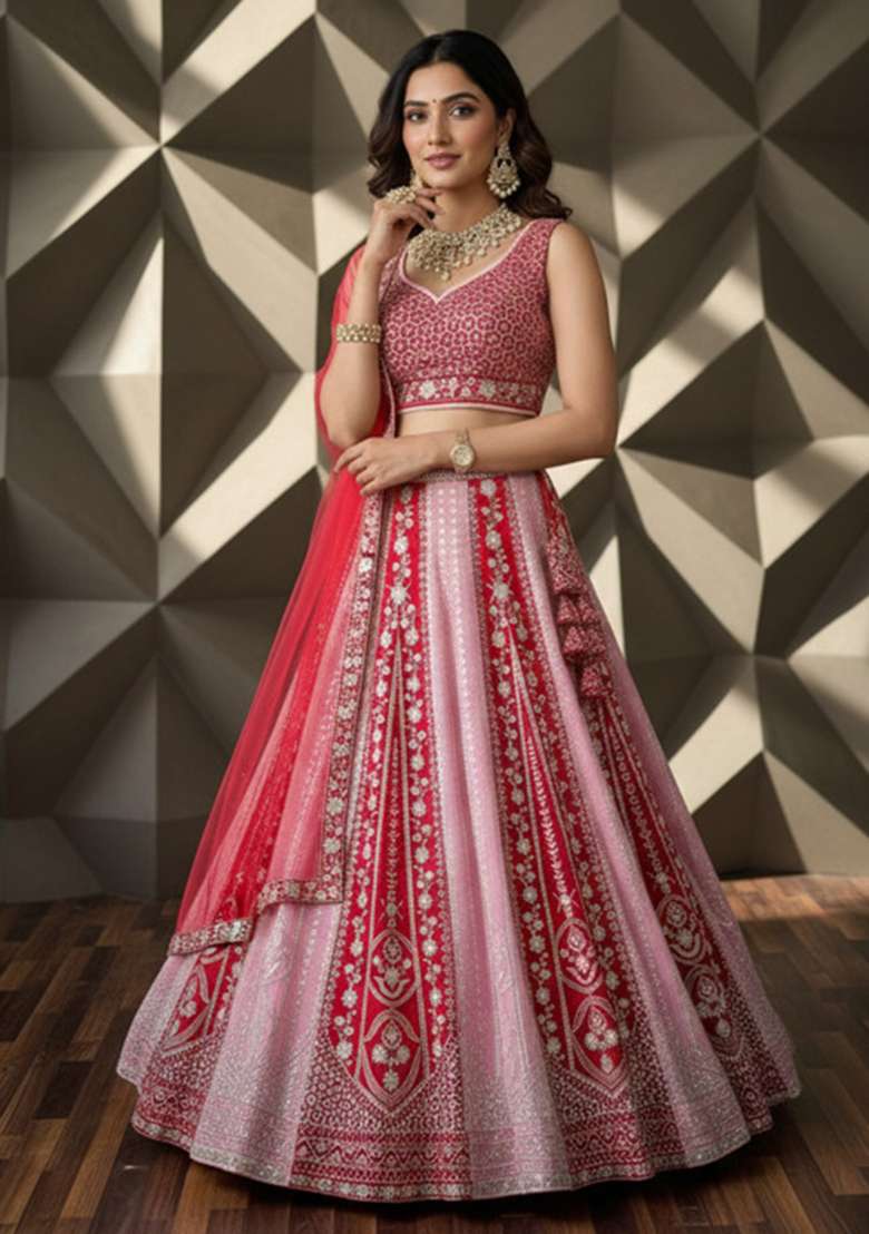 Red Embroidered Georgette Lehenga Set for Diwali and Festive Wear - Indya