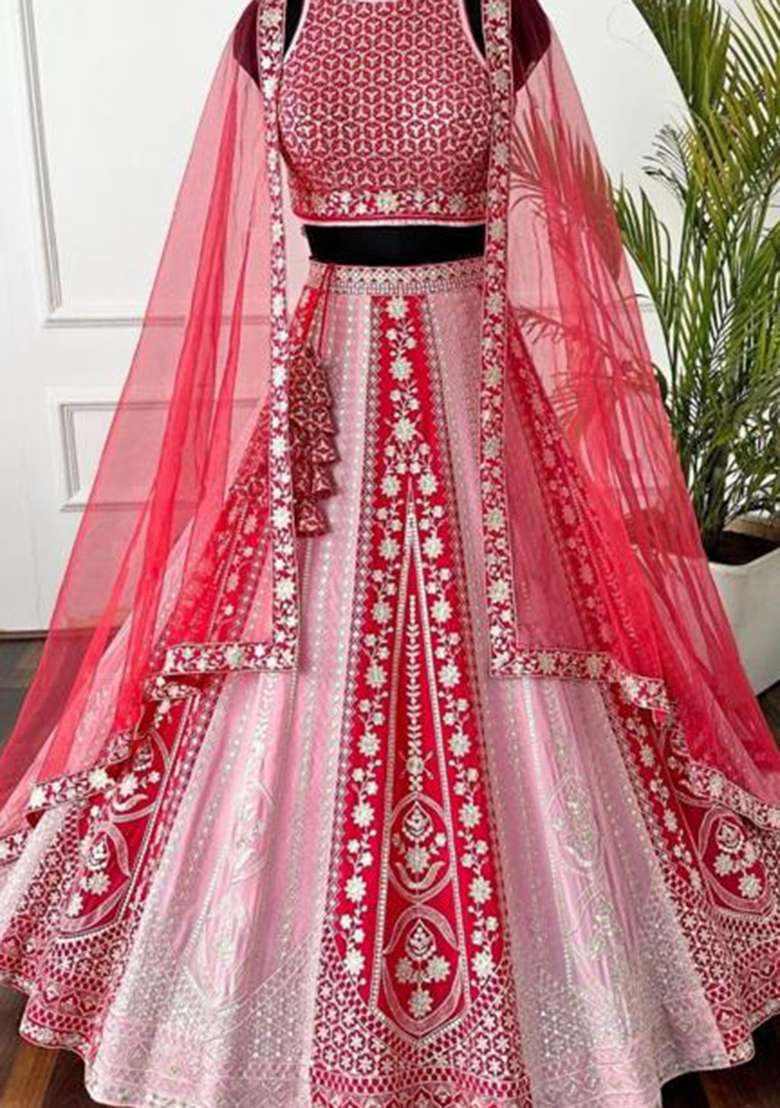 Red Embroidered Georgette Lehenga Set for Diwali and Festive Wear - Indya