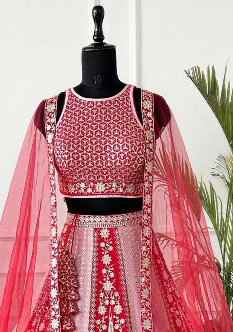 Red Embroidered Georgette Lehenga Set for Diwali and Festive Wear - Indya