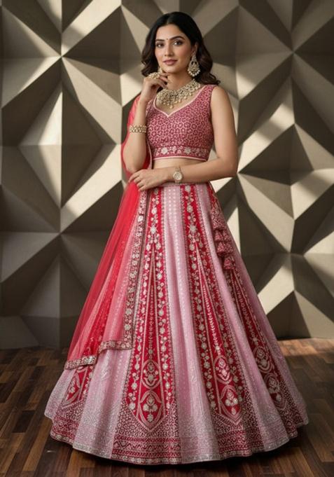 Red Embroidered Georgette Lehenga Set
