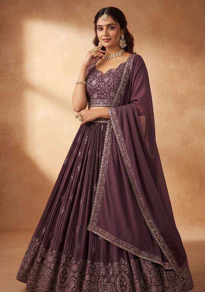 Rose Pink Embroidered Georgette Lehenga Set for Diwali and Festive Wear - Indya