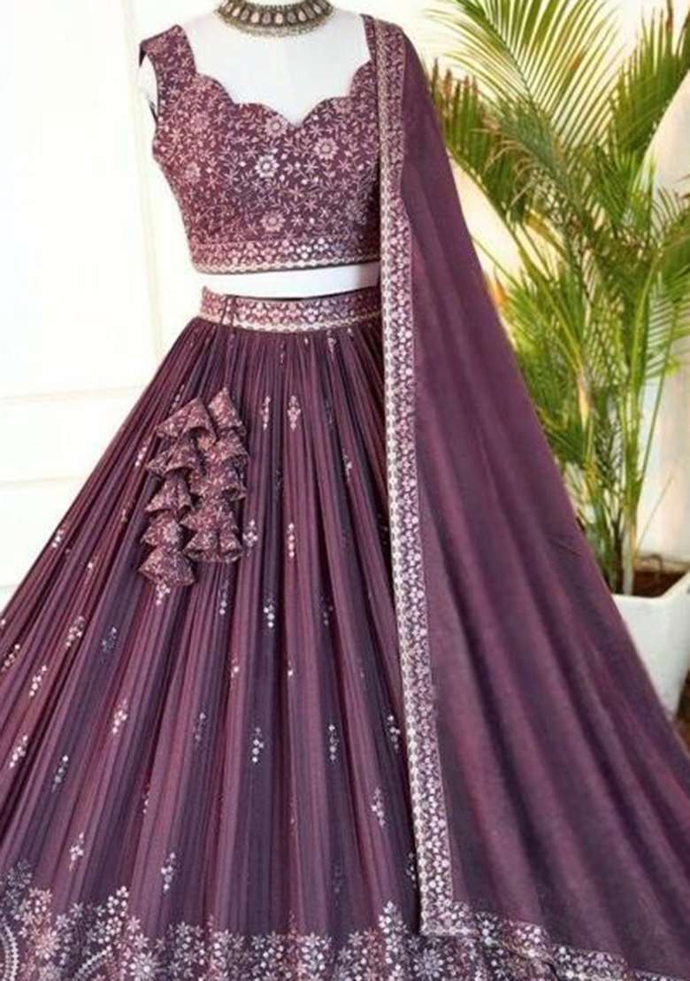 Rose Pink Embroidered Georgette Lehenga Set for Diwali and Festive Wear - Indya