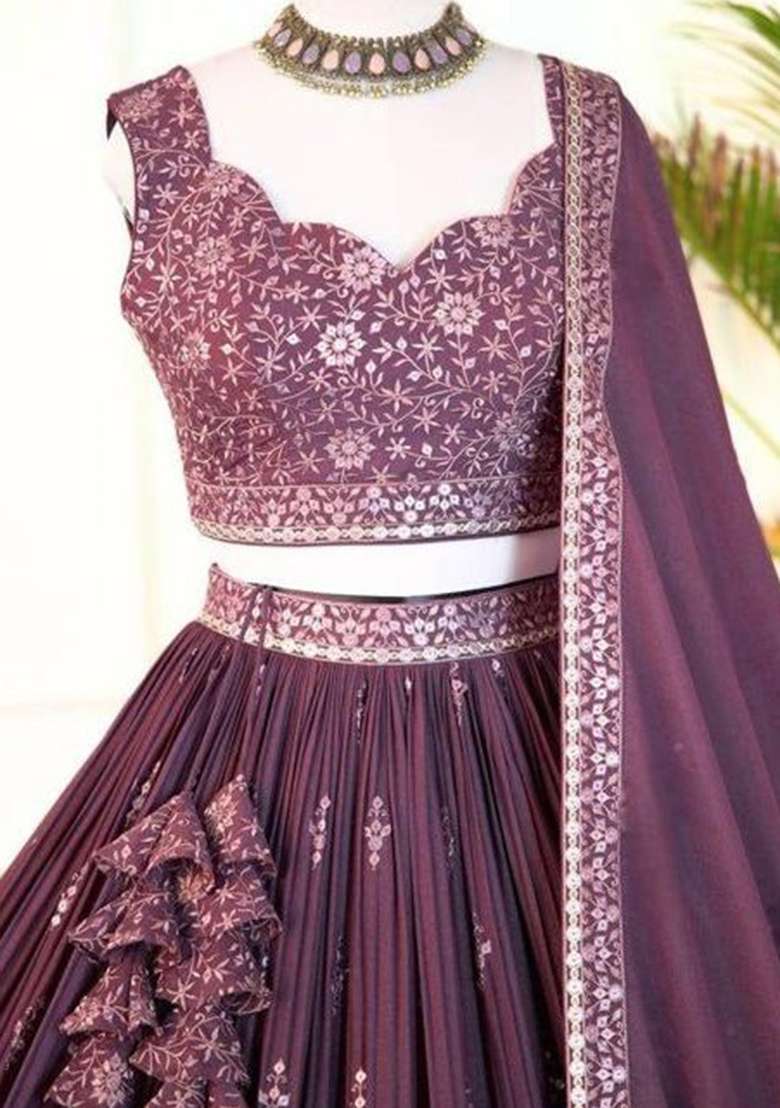 Rose Pink Embroidered Georgette Lehenga Set for Diwali and Festive Wear - Indya